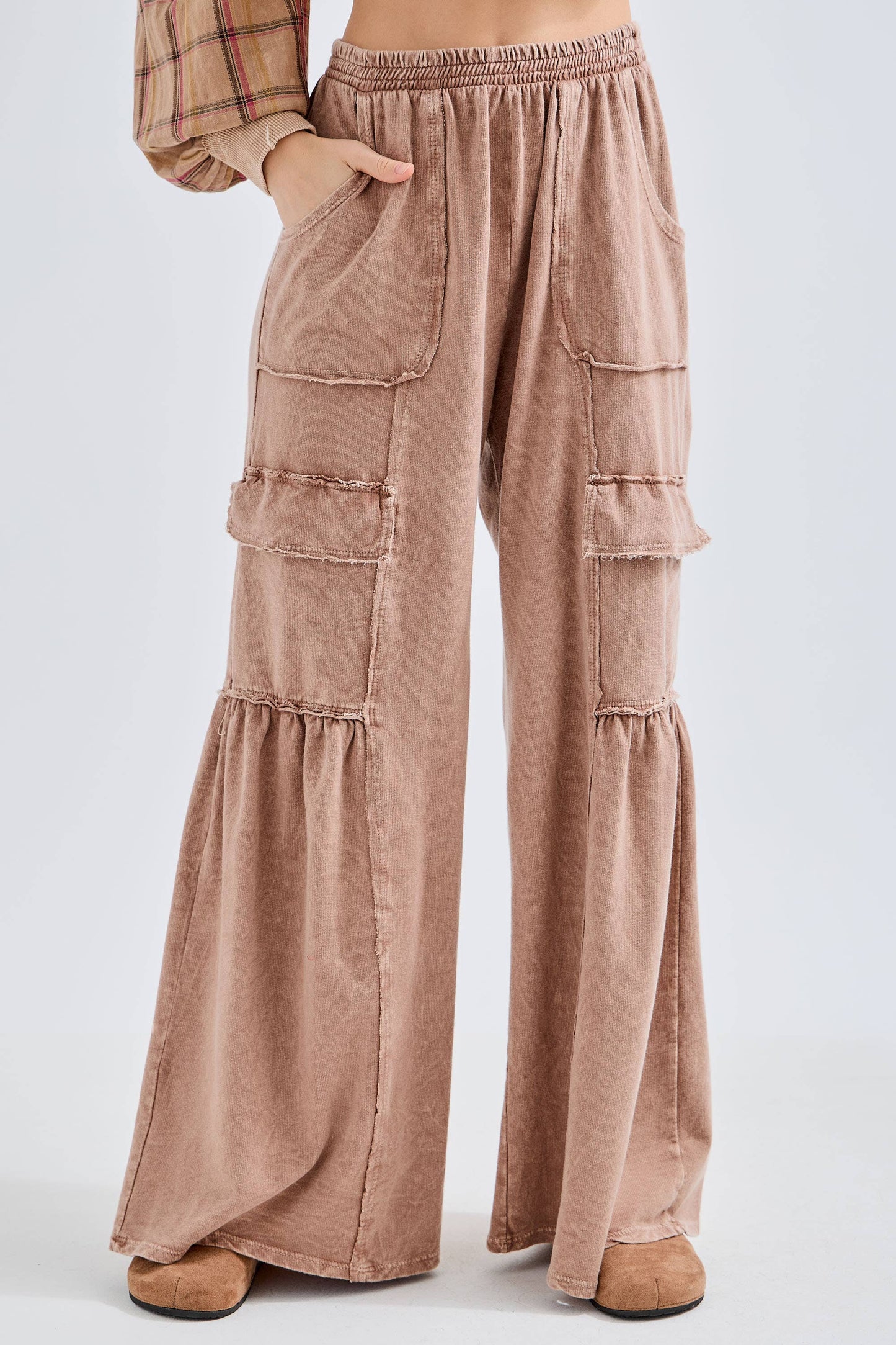Mineral Washed Ruffle Cargo Flare Pants