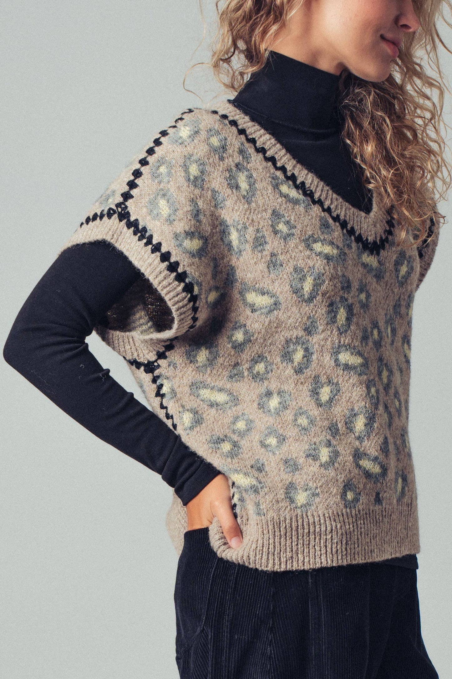 Leopard Crochet Trim Sweater Vest