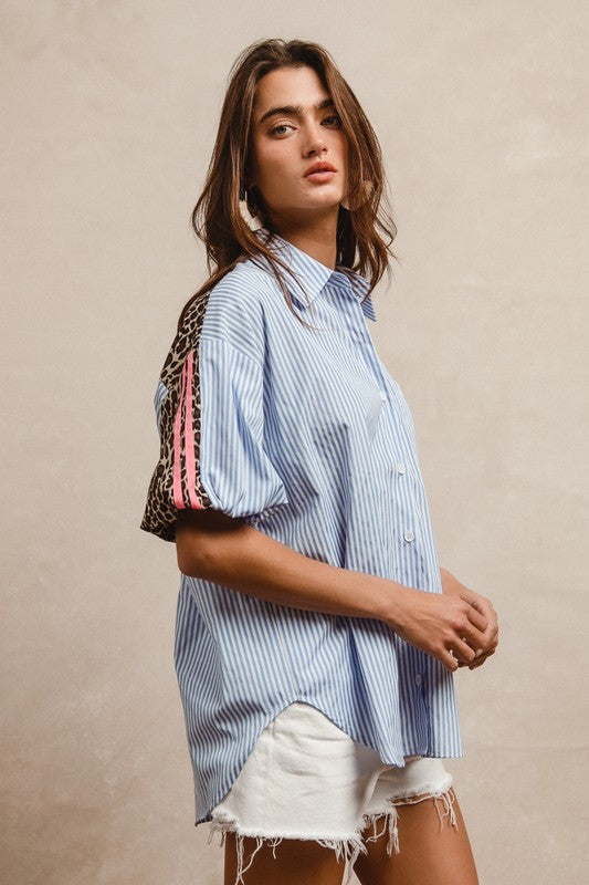 Stripe Pattern with Leopard Print Top - Chambray/Latte