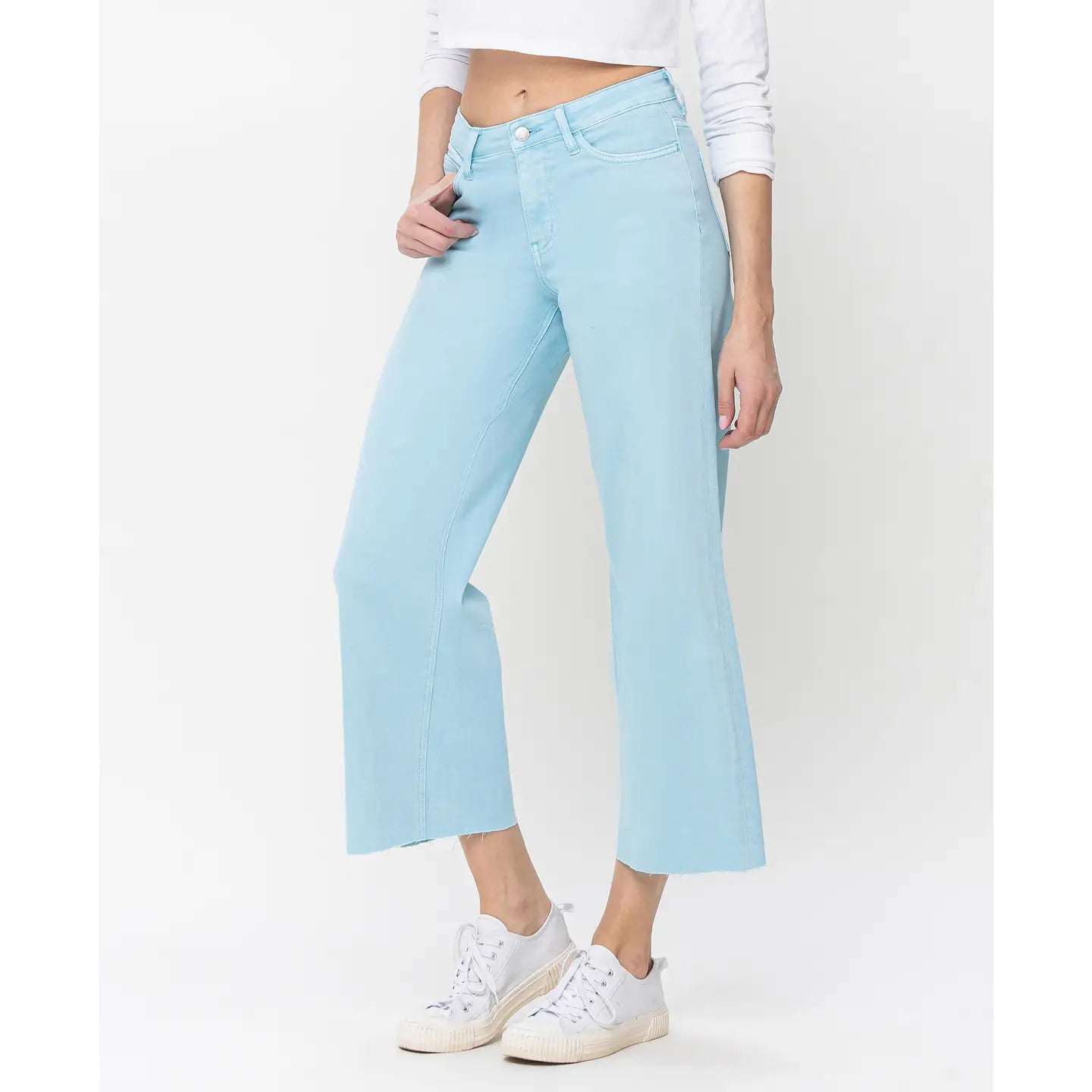 High Rise Clean Cut Raw Hem Wide Leg Jeans - Pastel Turquoise