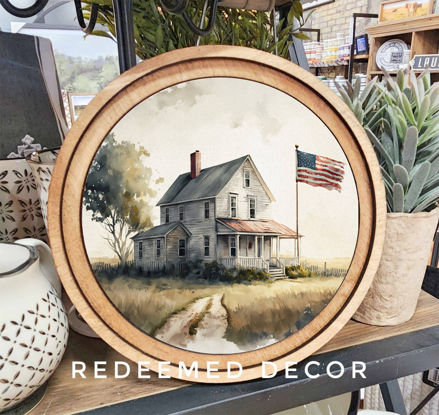 8" Round Farmhouse Flag Art