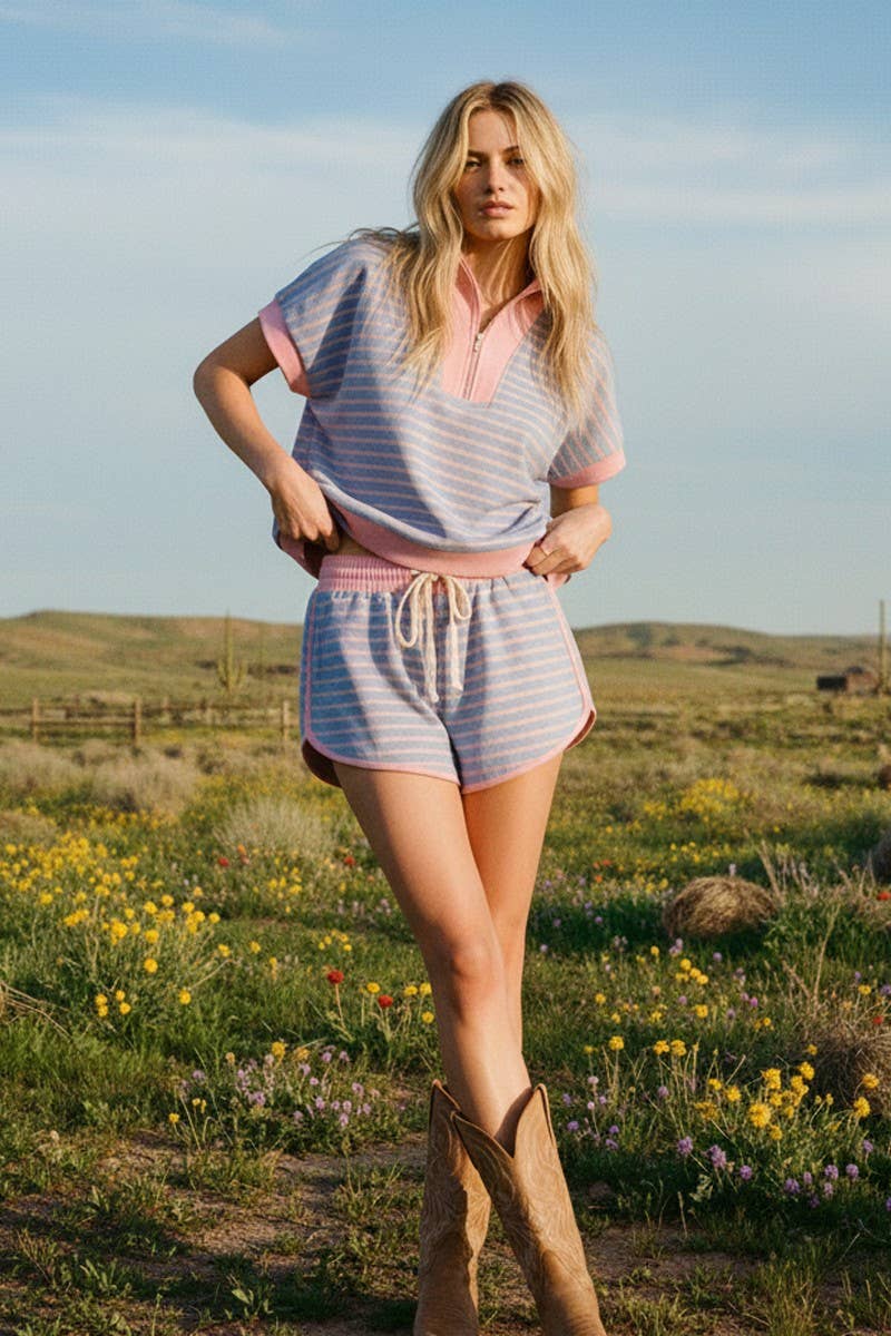 Half Zip Up Striped Top and Shorts Set (Sold Separately)