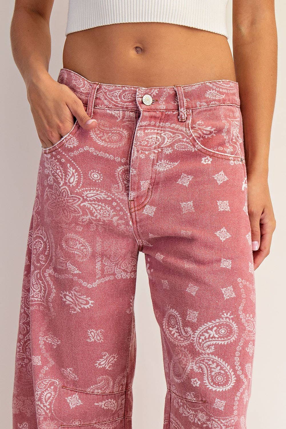 Mineral Washed Paisley Printed Barrel Jeans - Dusty Rose Bandana