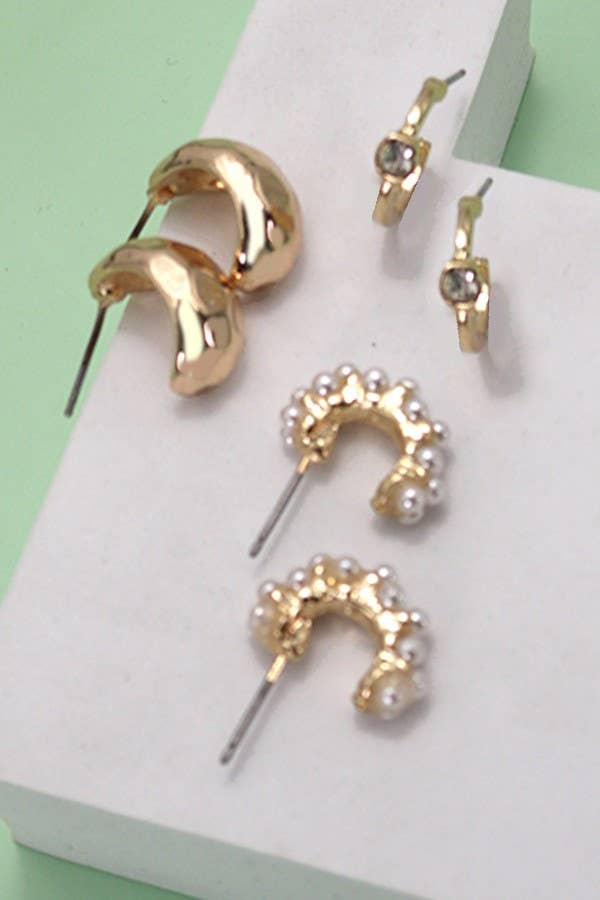 Trio Pearl Diamond Cut Huggie Hoop Earrings
