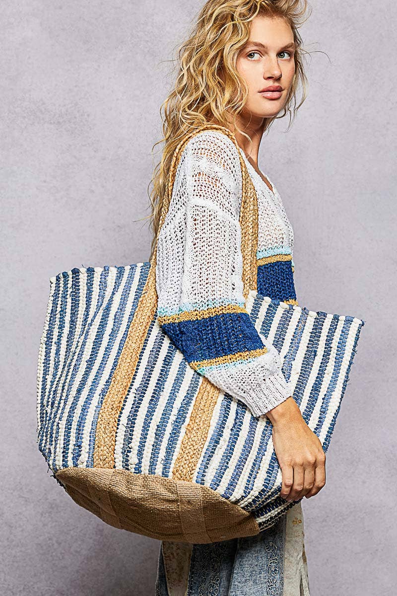 Cotton Weave Stripe Denim Tote Bag
