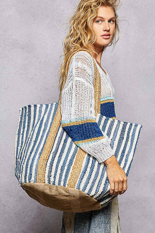 Cotton Weave Stripe Denim Tote Bag
