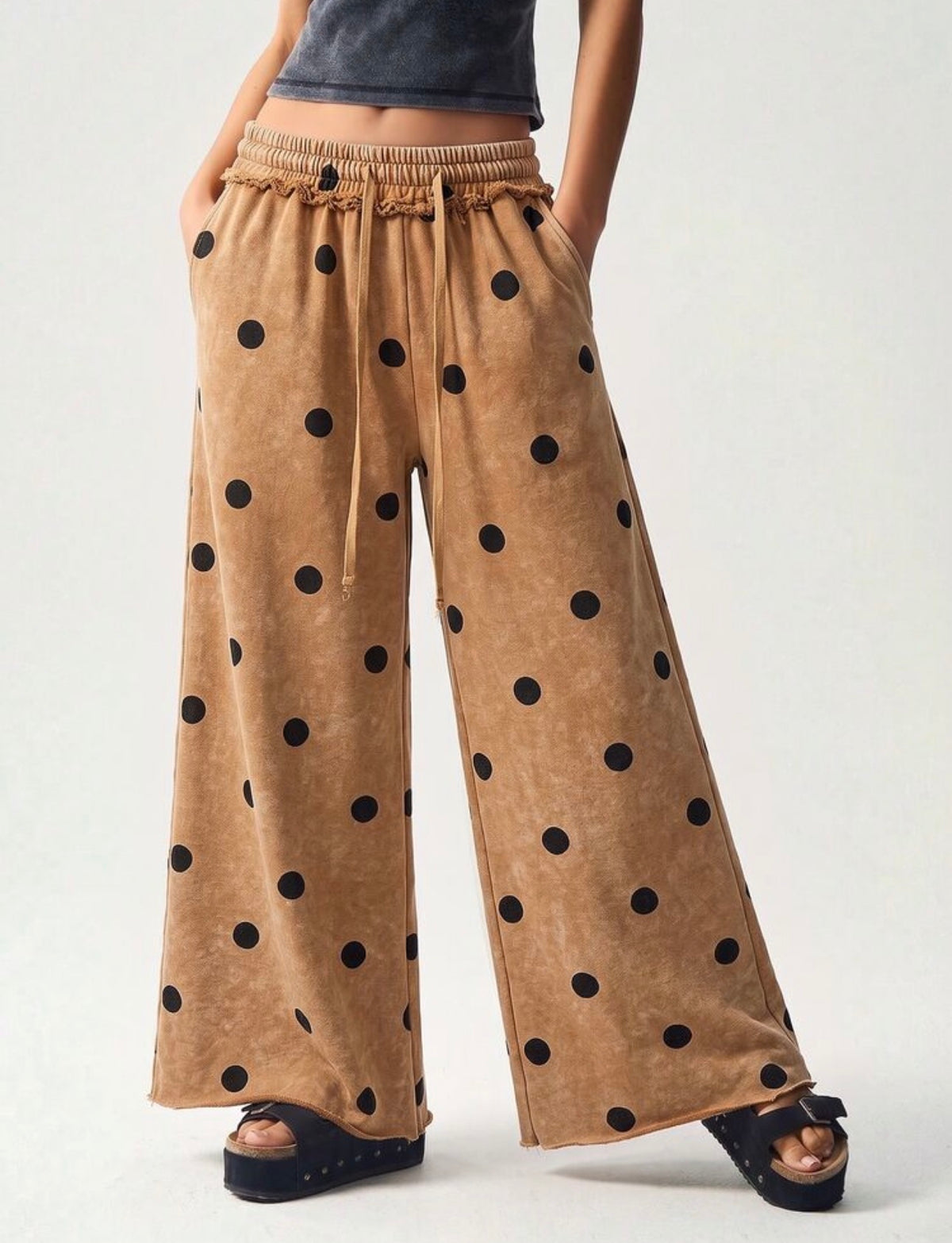 Polka Dot Drawstring Waist Wide Leg Pants