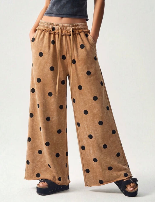 Polka Dot Drawstring Waist Wide Leg Pants