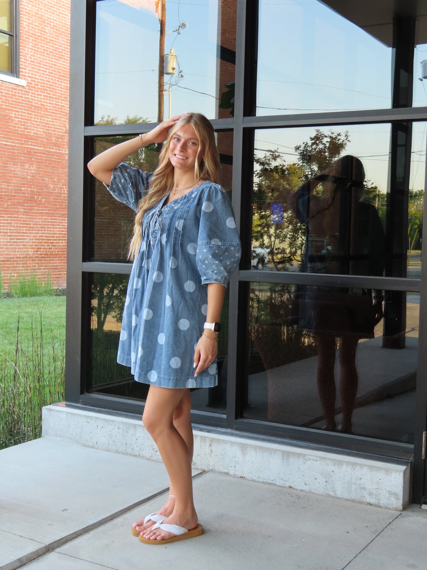 Polka Dot V-Neck Denim Dress