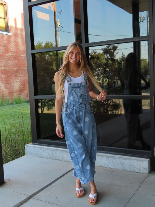 Polka Dot Denim Barrel Leg Overalls