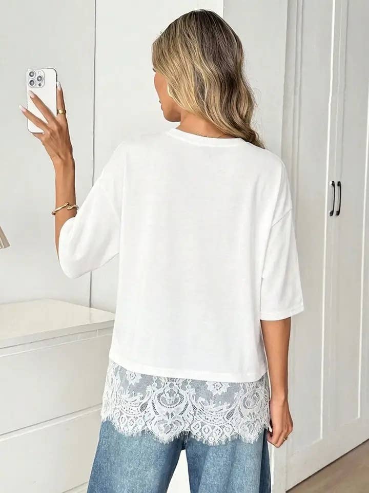 White Lace Trim Soft Lightweight Relaxed Fit Top