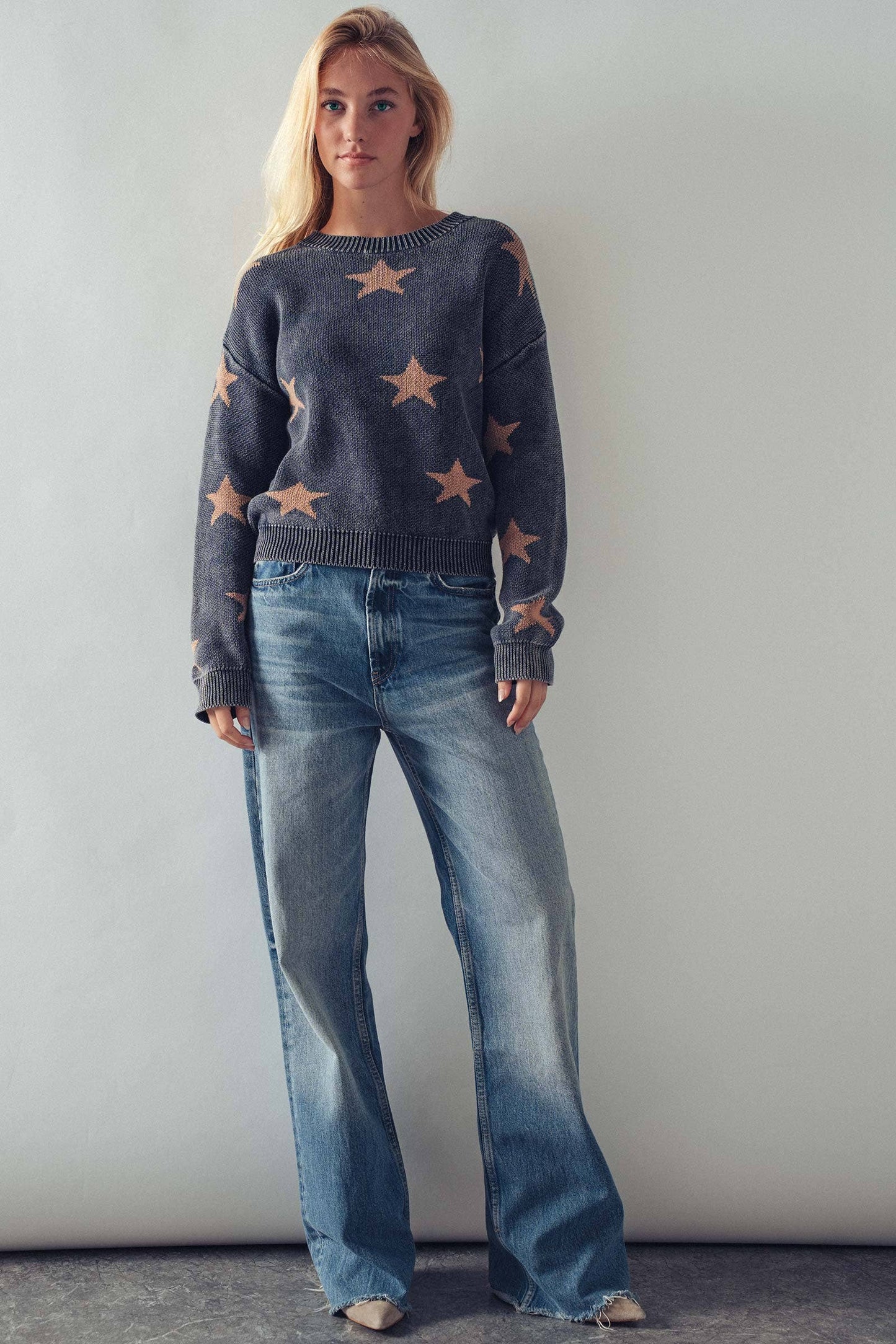 Mineral-Wash Star Motif Knit Sweater