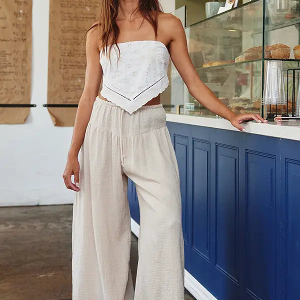 Wide Leg Solid Cotton Gauze Pants - Natural