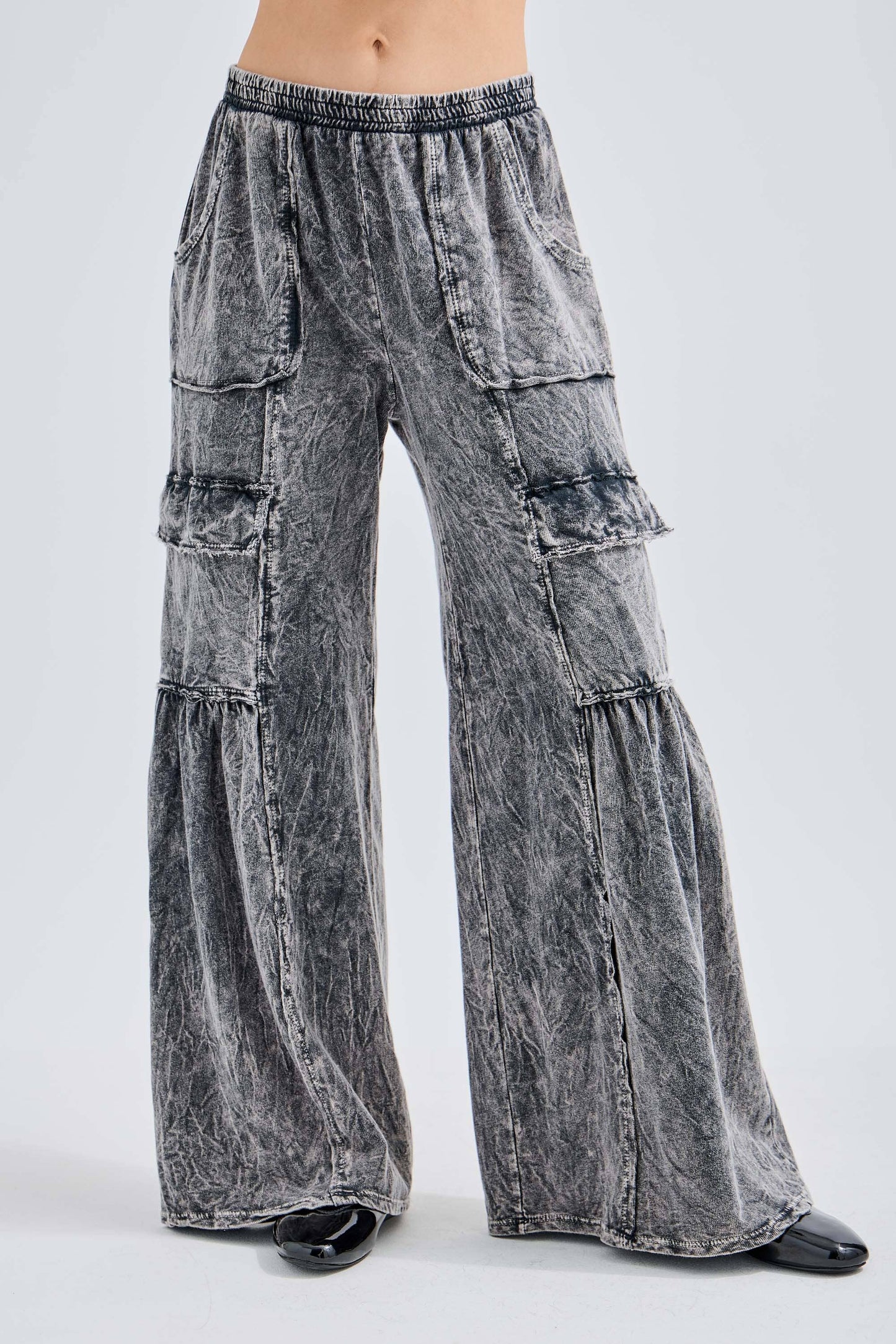 Mineral Washed Ruffle Cargo Flare Pants