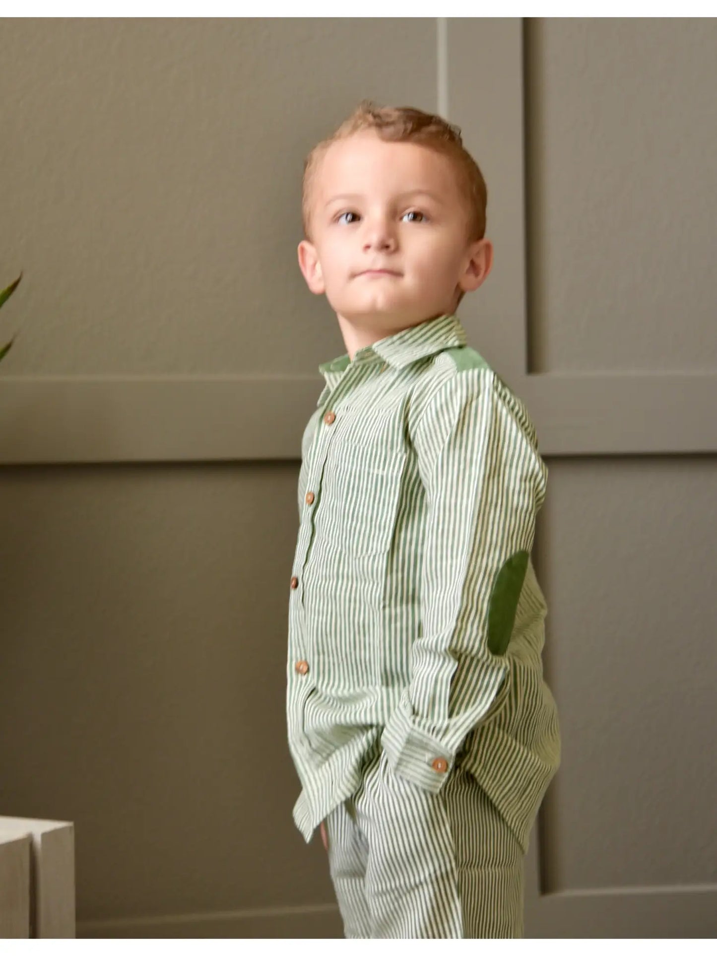 Boys Striped Shirt - Olive Green