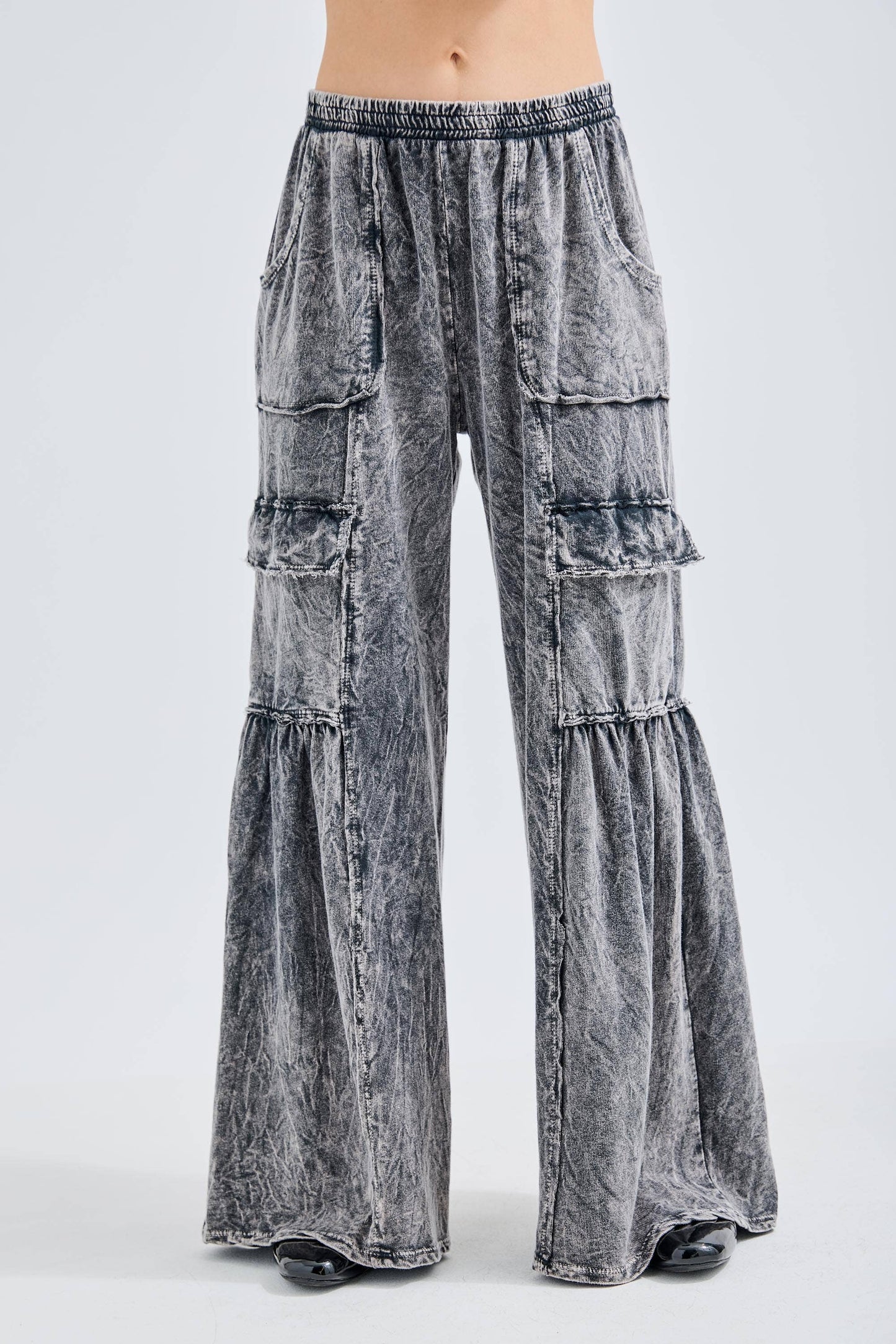 Mineral Washed Ruffle Cargo Flare Pants