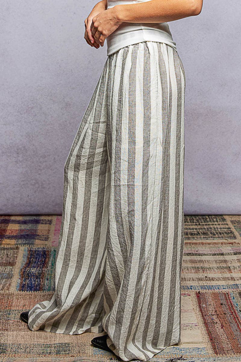 Stripe Pattern Elastic Waist Band Linen Woven Wide Pants