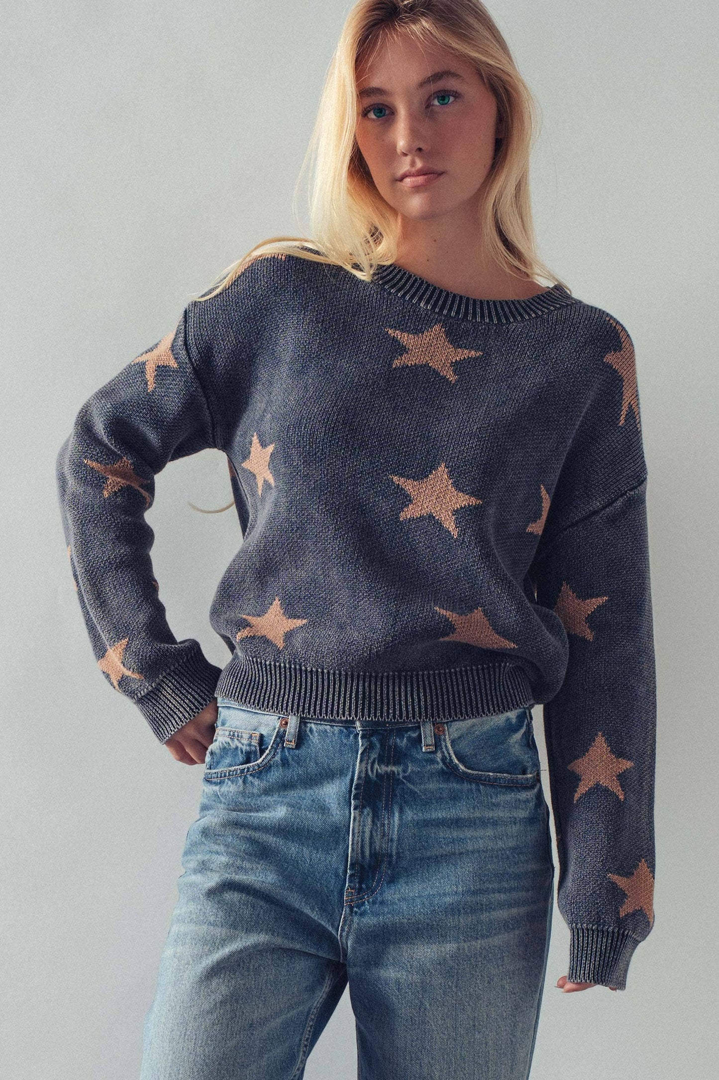 Mineral-Wash Star Motif Knit Sweater