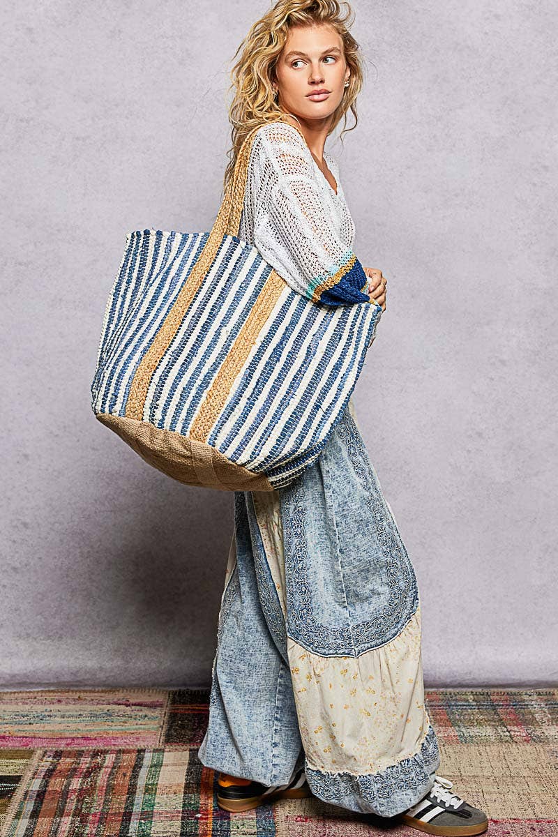 Cotton Weave Stripe Denim Tote Bag