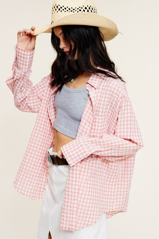 Gingham Print Oversized Button Down Shirt - Pink