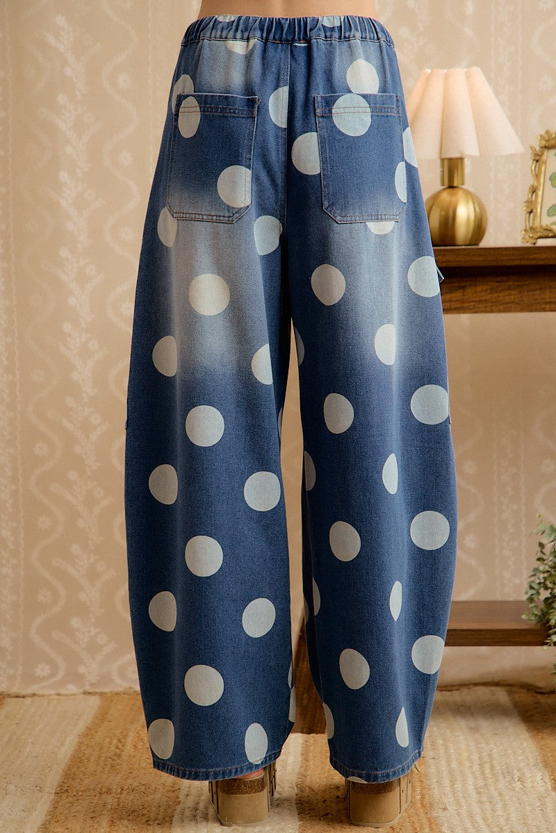 Washed Polka Dot Denim Barrel Pants With Cargo Pockets