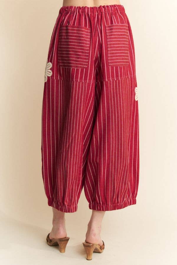 Lightweight Soft Denim Stripe Wide Barrel Pants - Red