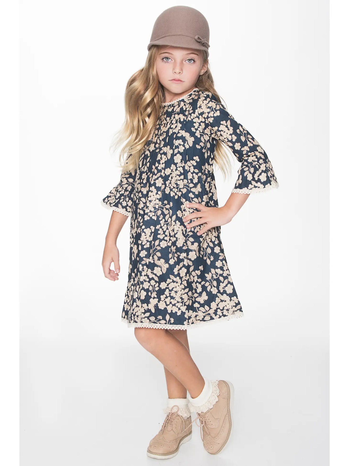 Navy Cherry Blossom Pleat Lace Dress