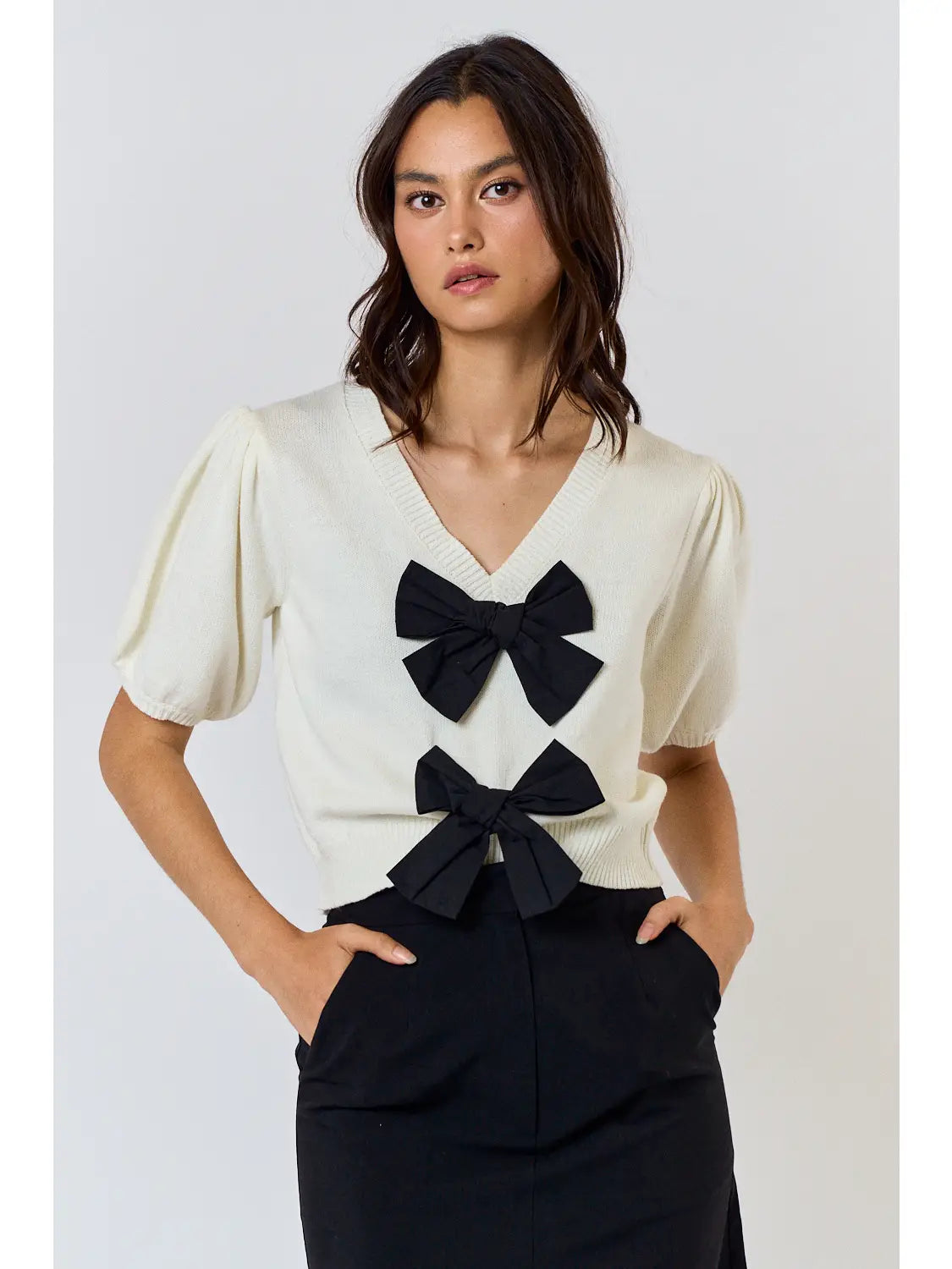 Bow Front V-Neck Puff Sleeve Sweater Top