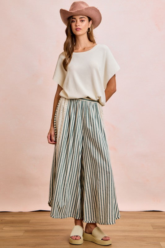 Floral Eyelet Side Elastic Stripes Wide Leg Pants