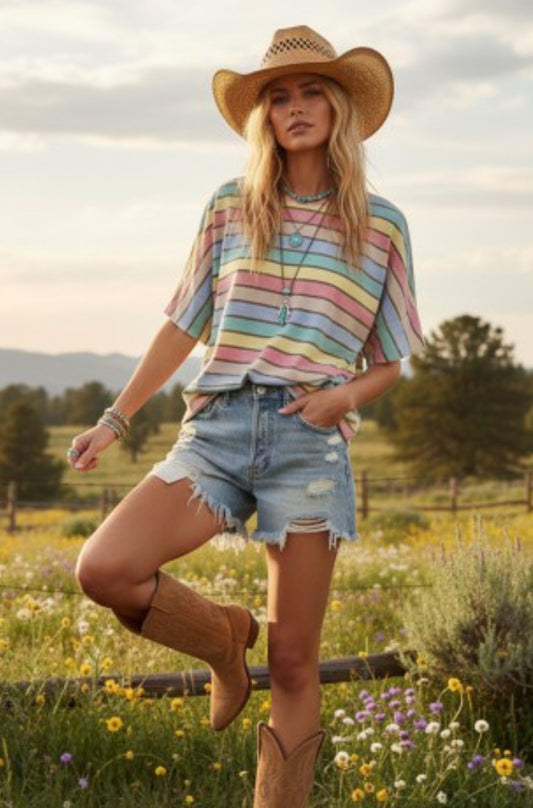 Mineral Washed Multi Stripe Knit Top