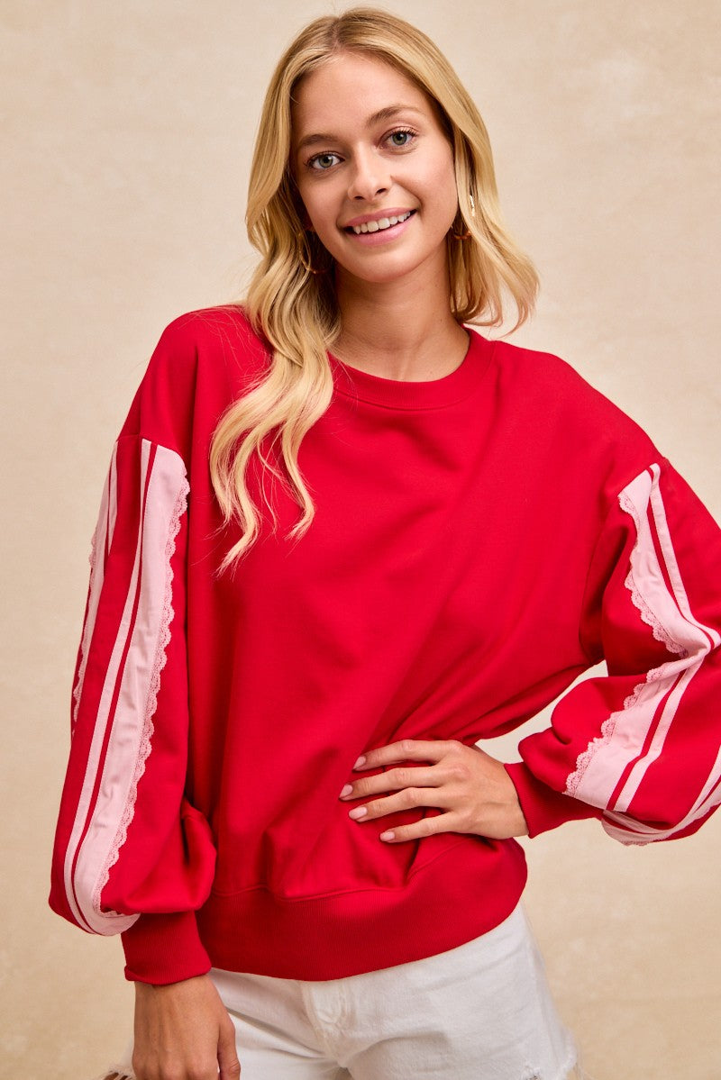 French Terry Side Contrast Lace Trim Top - Red