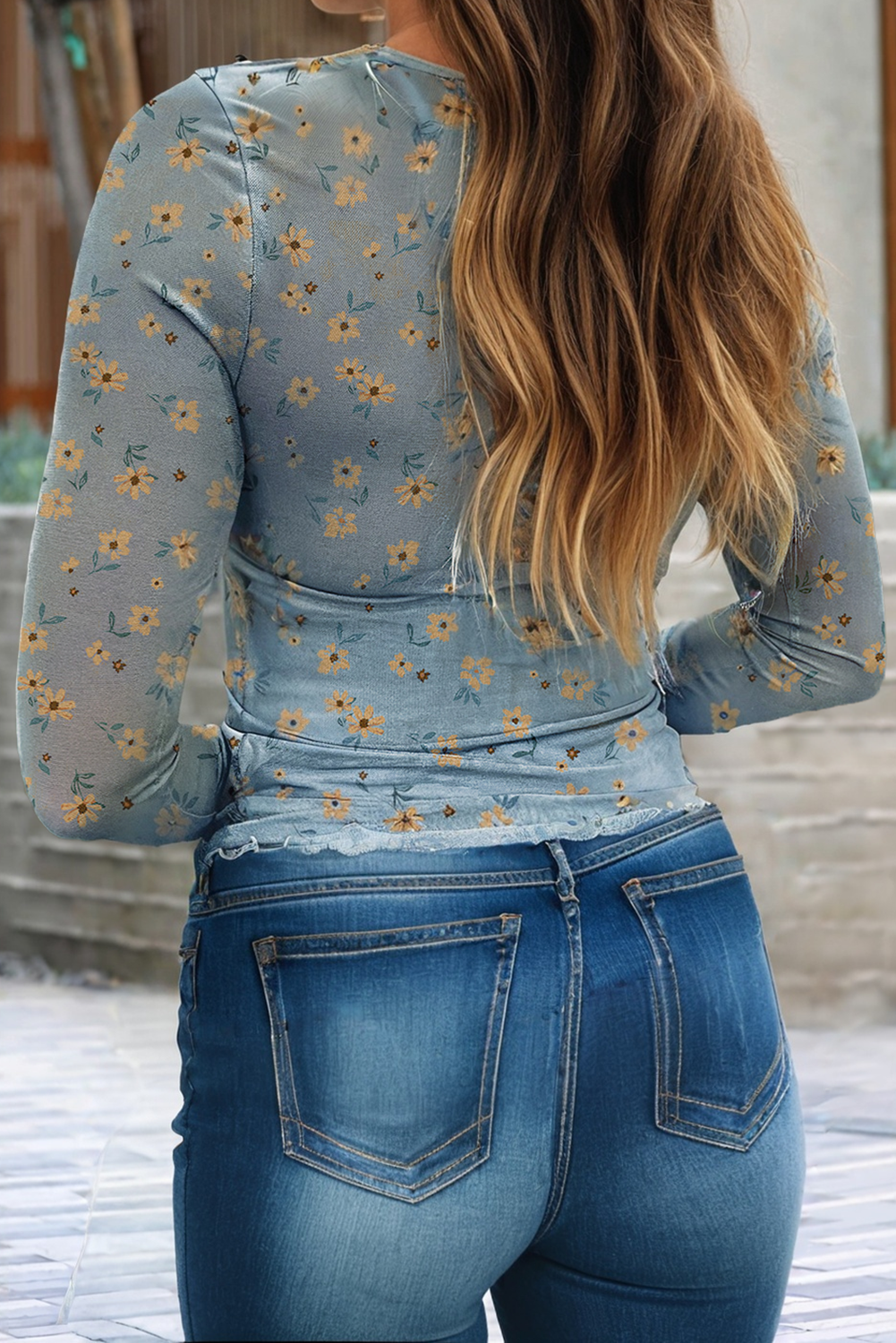 Vintage Floral Print Southern Style Mesh Long Sleeve Top