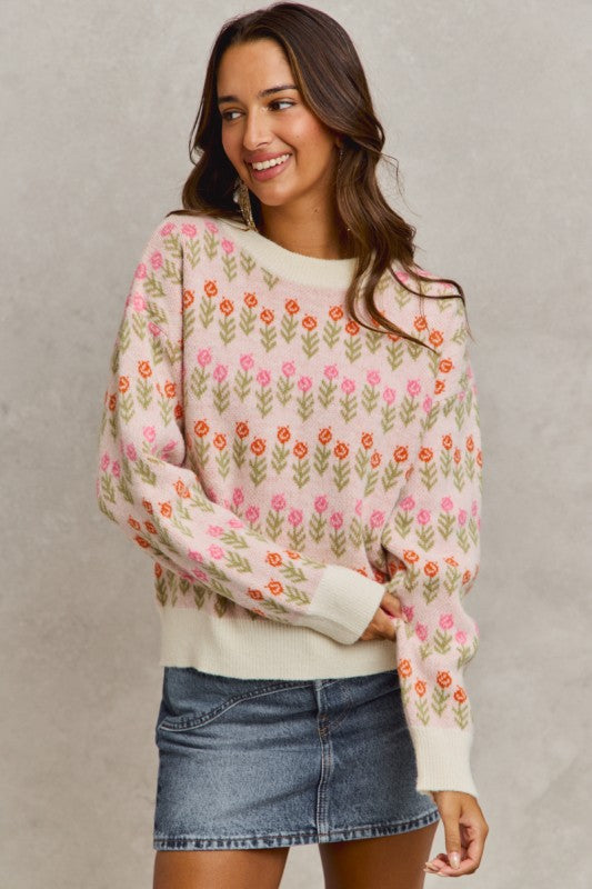 Flower Patterned Loose Fit Sweater
