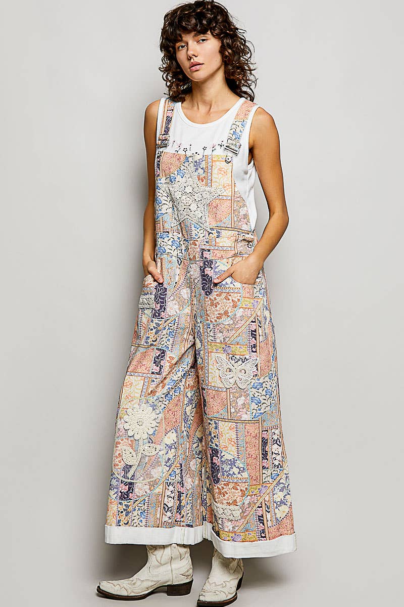 Floral Crochet Pearl Patch Roomy Fit Twill Overalls
