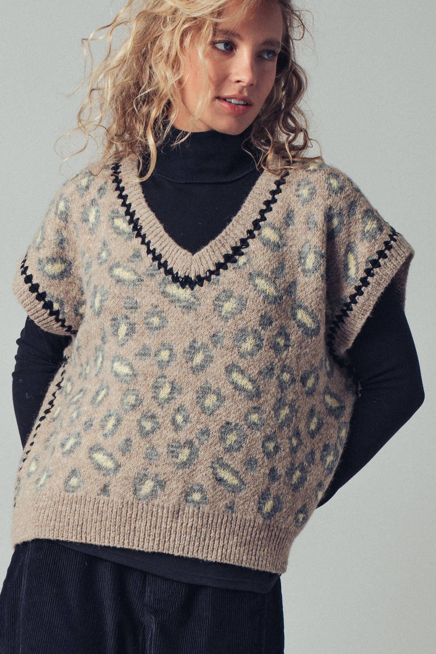 Leopard Crochet Trim Sweater Vest