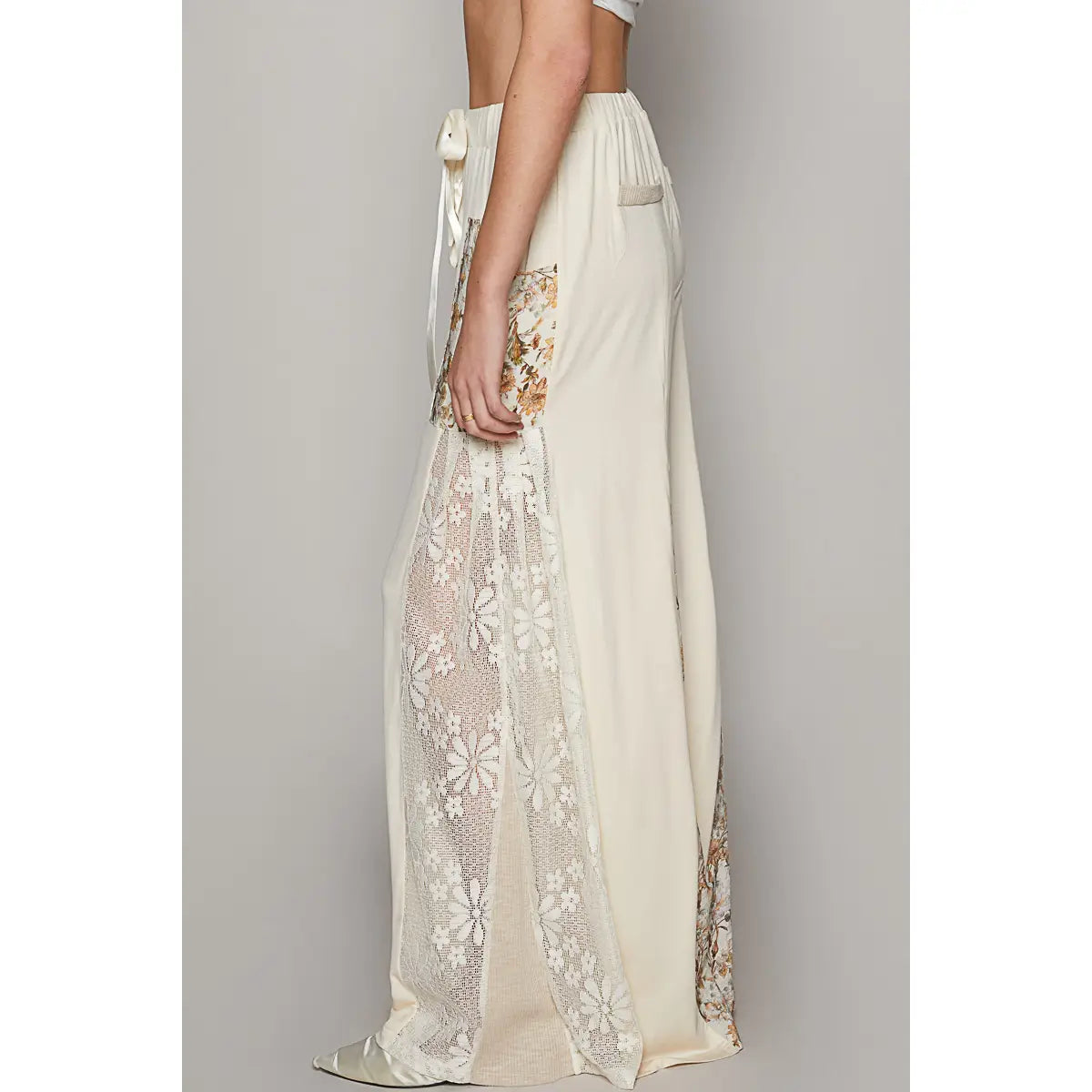 Lace Printed Fabric Contrast Wide Leg Pants - Cream