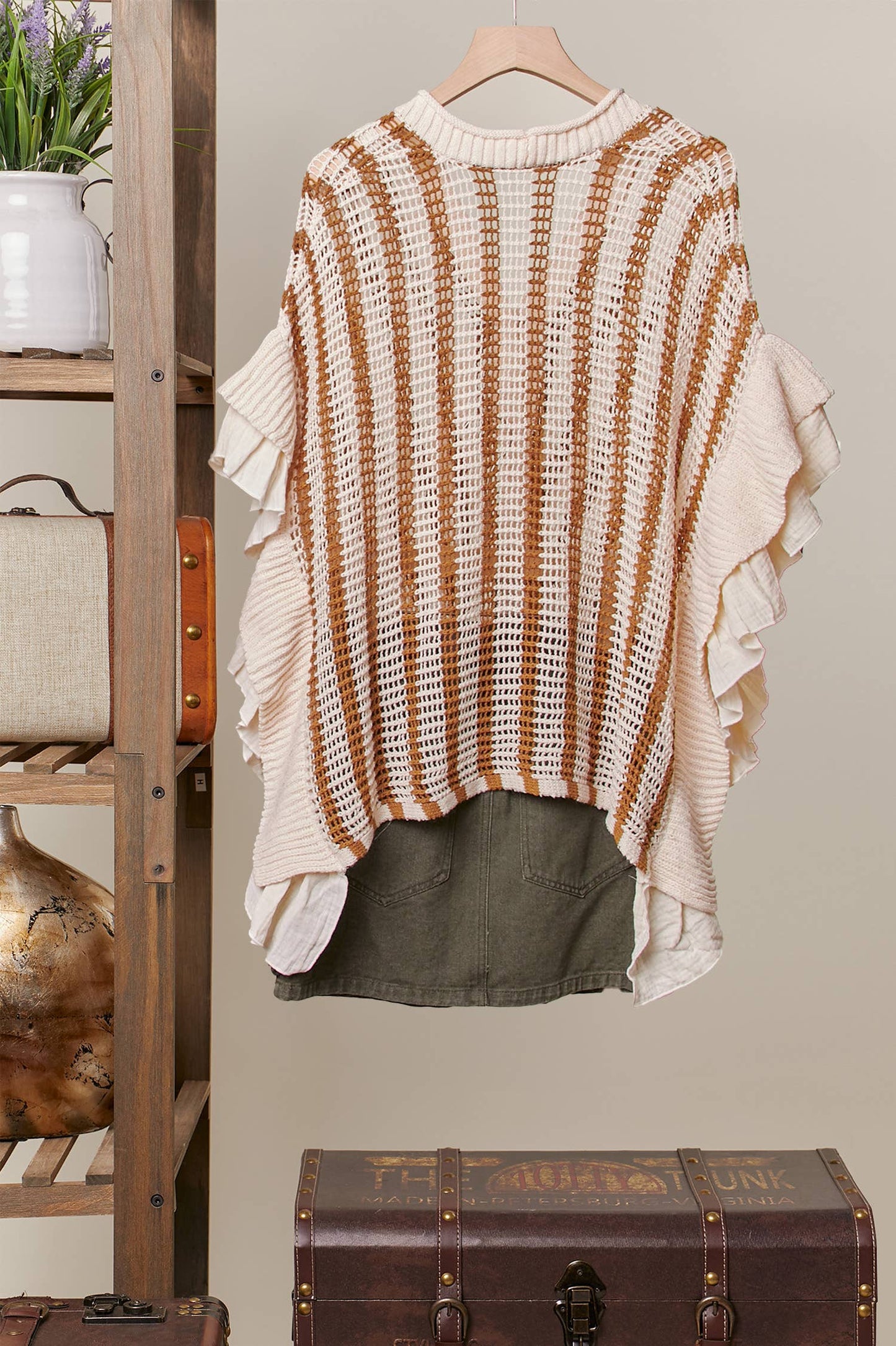 Star Patch Open-Knit Top with Ruffle Detail