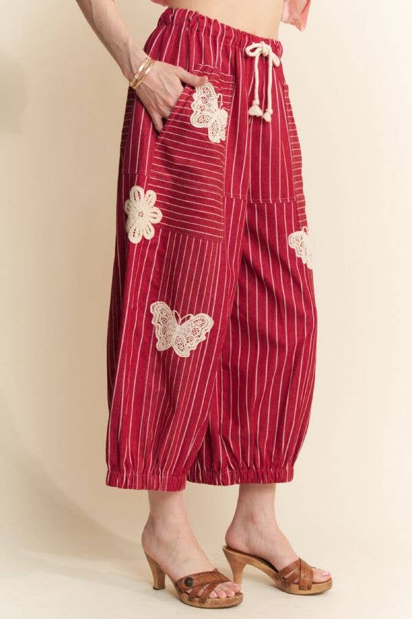 Lightweight Soft Denim Stripe Wide Barrel Pants - Red