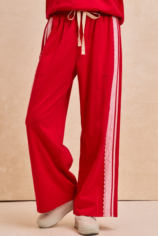 French Terry Side Contrast Lace Trim Pants - Red