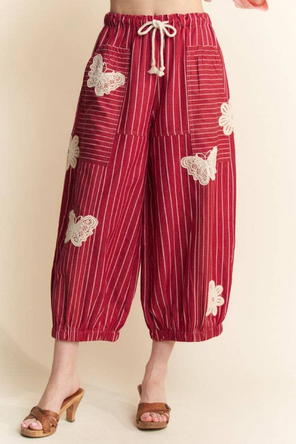 Lightweight Soft Denim Stripe Wide Barrel Pants - Red