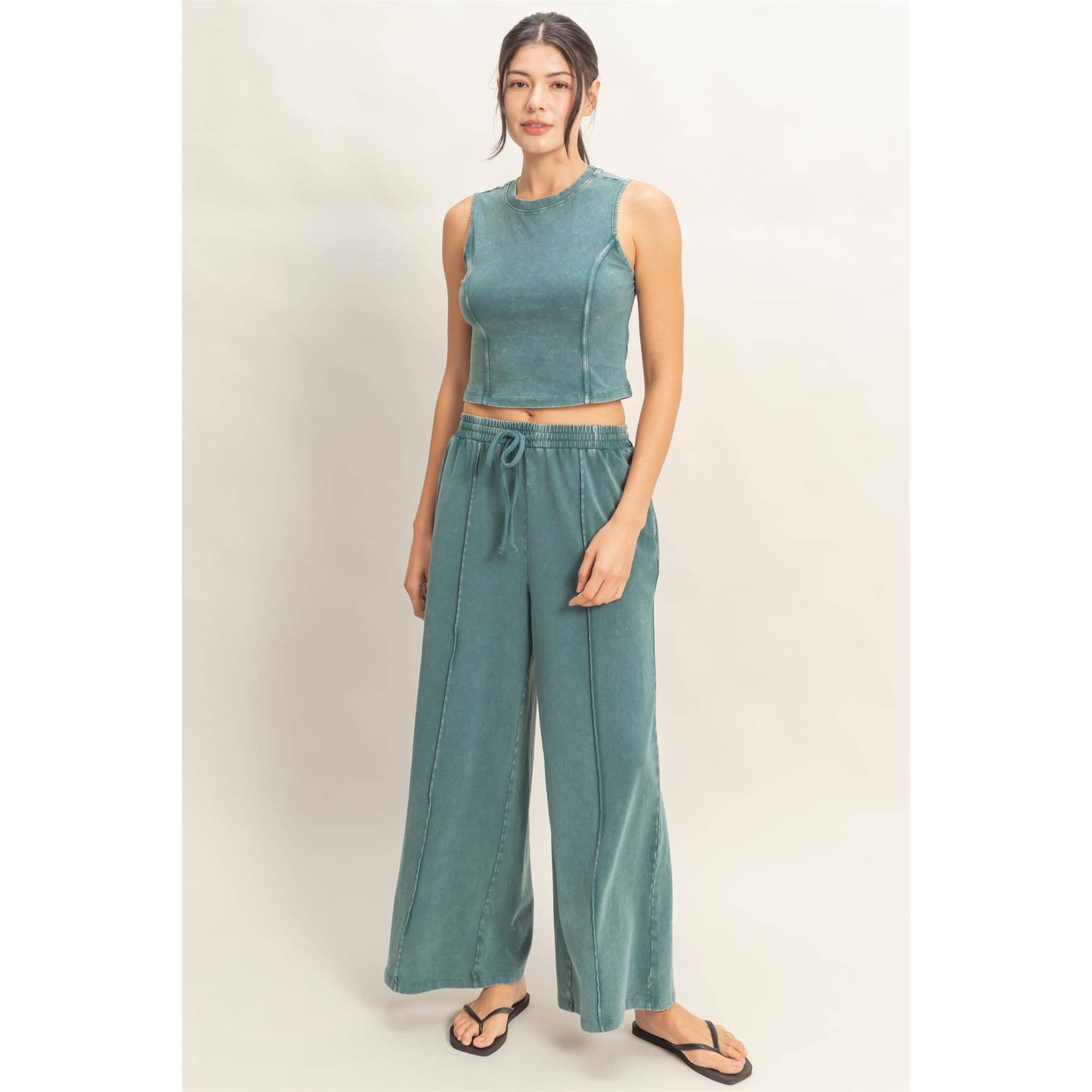 Mineral Washed Sleeveless Top & Wide Leg Pants Set (Sold Separately)