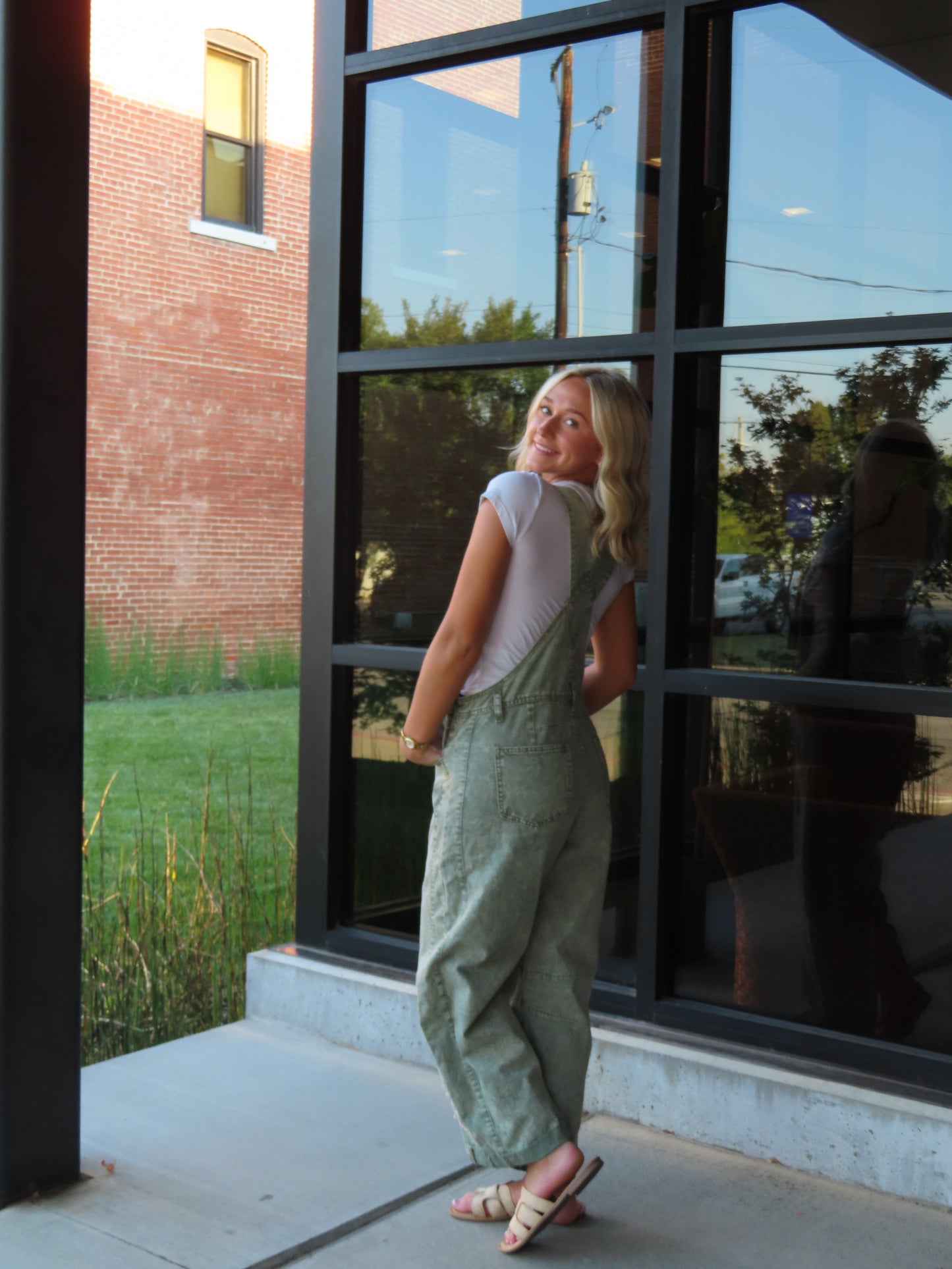 Washed Olive Flower Patch Denim Overalls