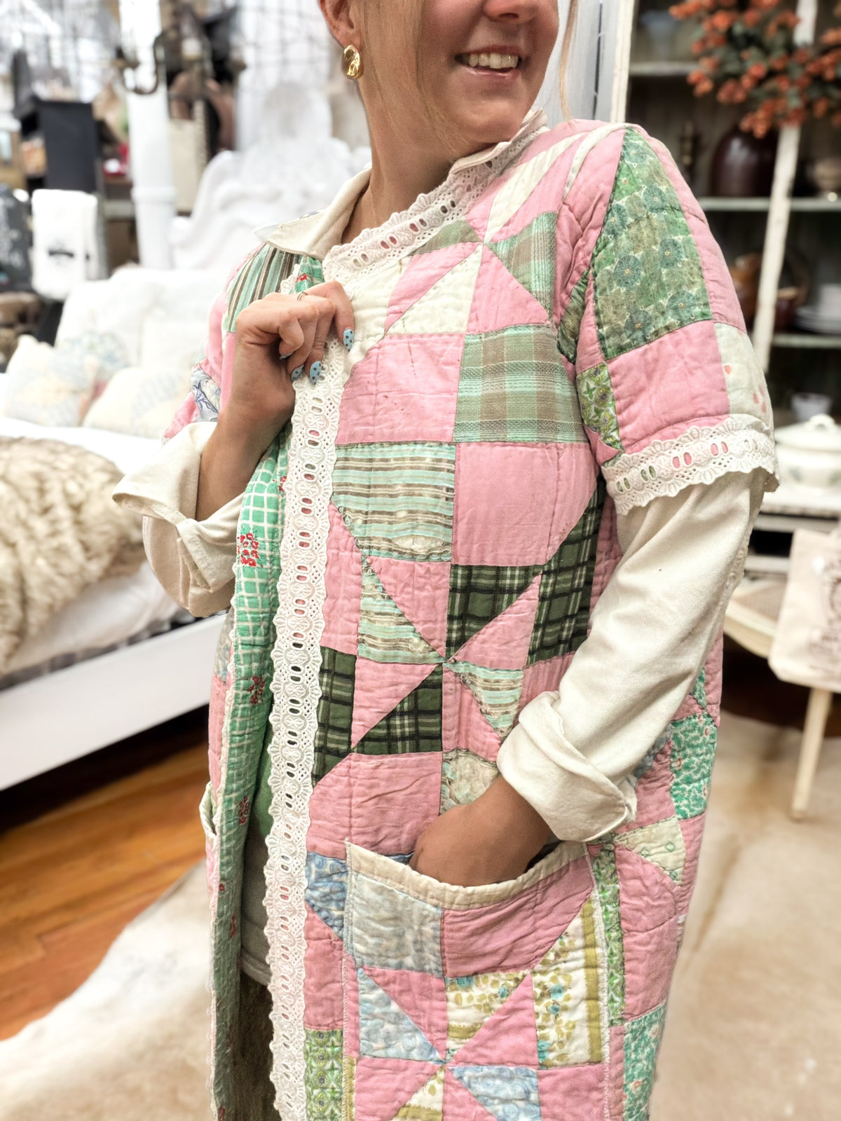 Vintage-style Long Patchwork Quilt Coat