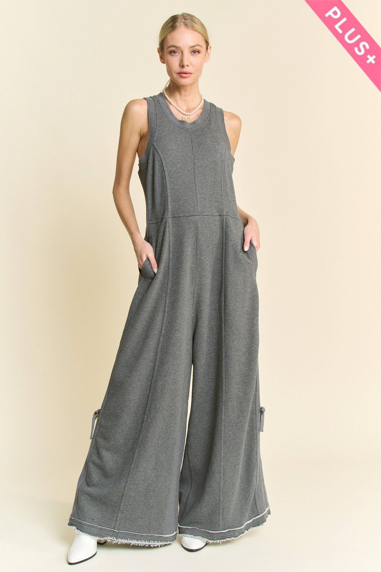 Plus Size Ribbed Contrast Ruched Jumpsuit