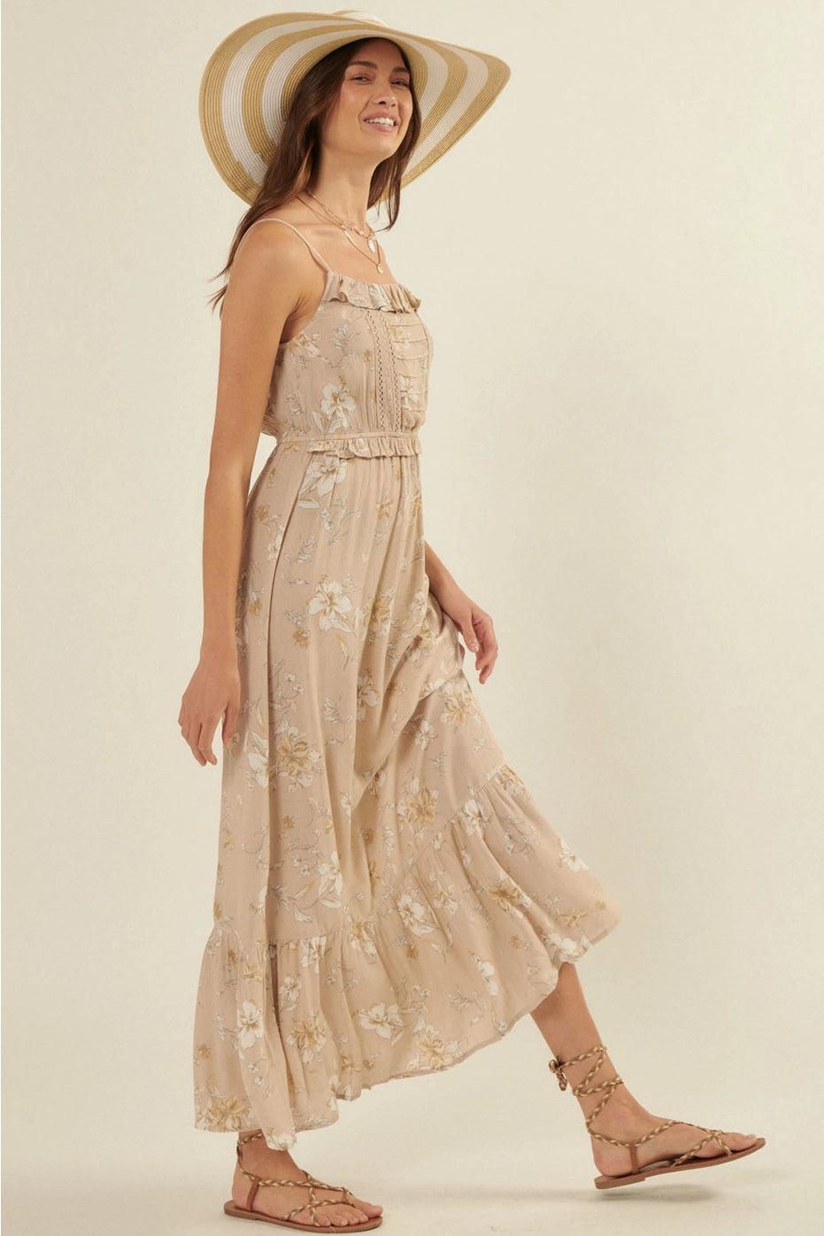 Floral Straight Neck Ruffle Pleated Maxi Dress