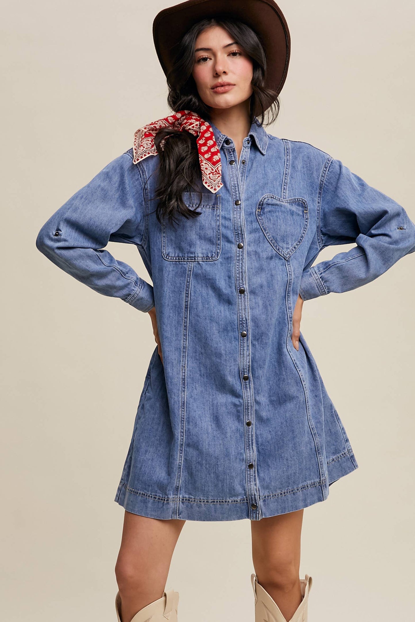 Denim Heart-Pocket Shirt Dress