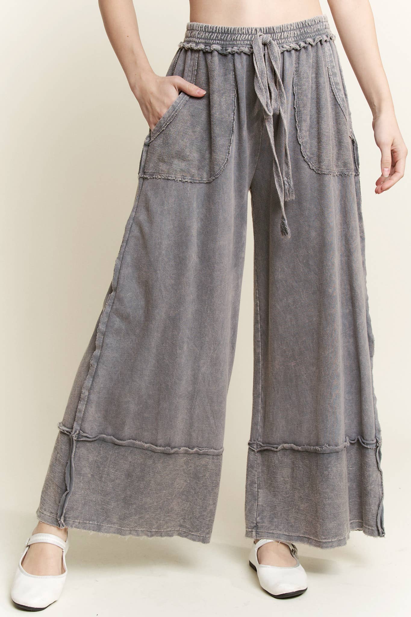 Mineral Wash Wide Pants with Raw Hem & Frayed Details - Ash Black