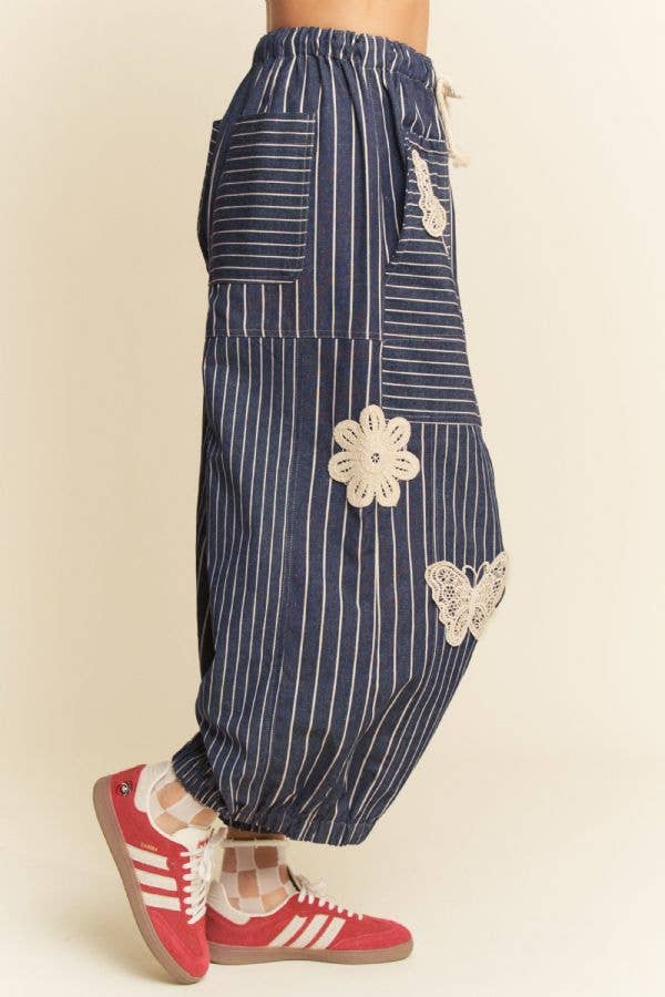 Lightweight Soft Denim Stripe Wide Barrel Pants - Denim Blue