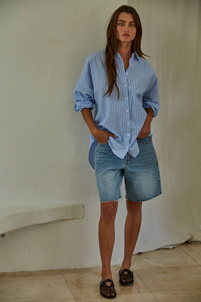 Woven Cotton Polyester Striped Button Down Shirt