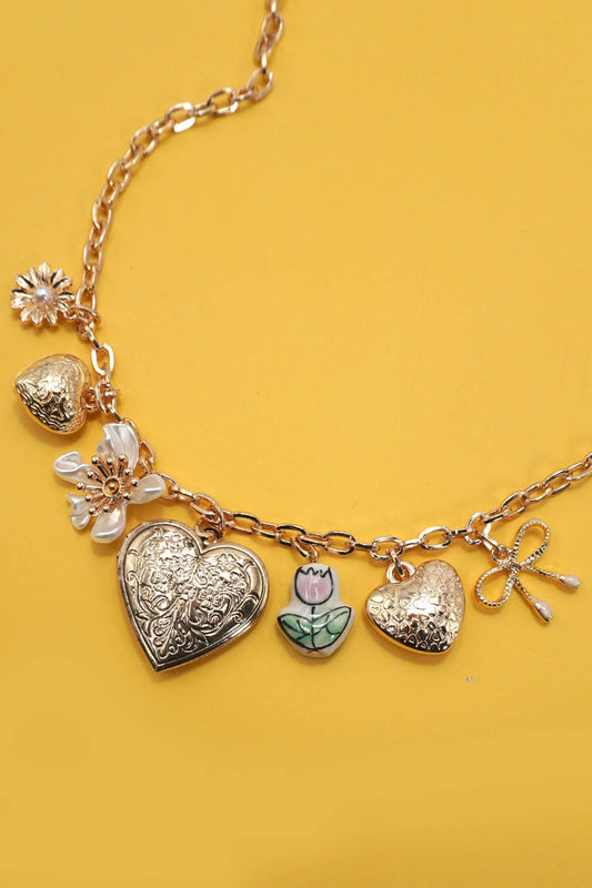 Charm Necklace - Heart Locket Porcelain Flower Bow